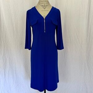 Joseph Ribkoff Blue V-Neck Zipper Pocket Detail 3/4 Sleeve Shift Dress - Size 10